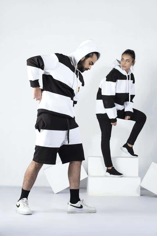 Unisex B&W stripe logo hoodie track suit- SET