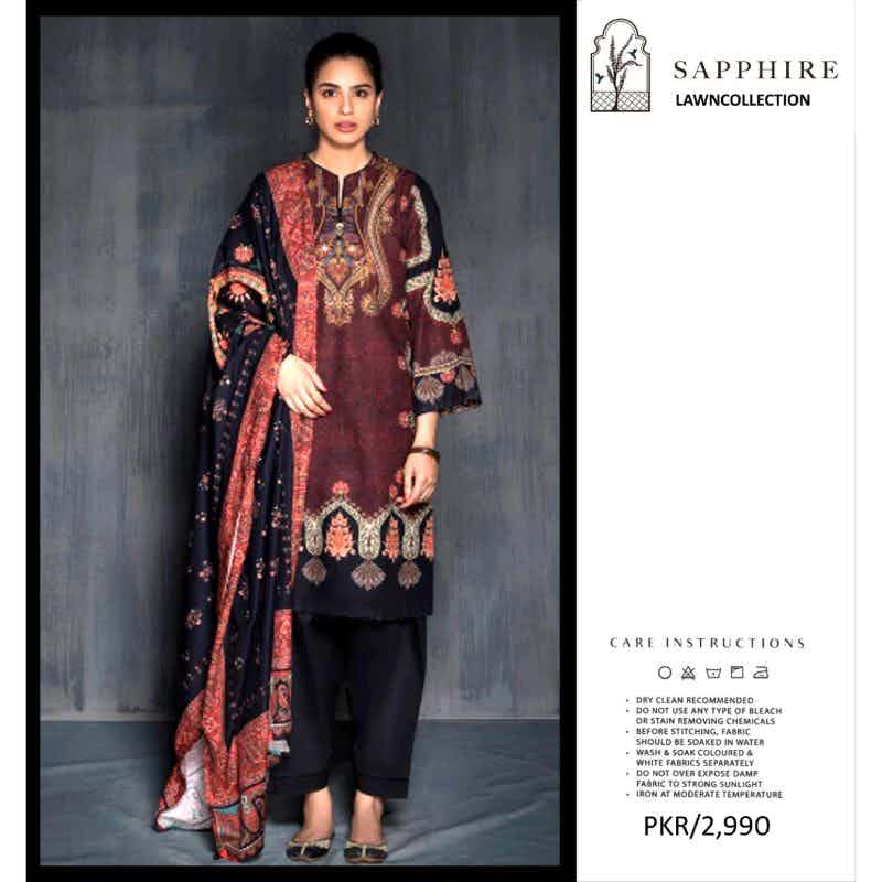 Unstitched Lawn Suit Sapphire (replica)  Black and Mehroon