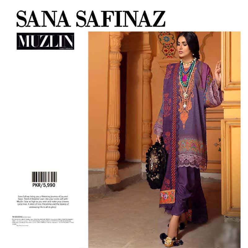 Unstitched Lawn Suit Sana Safina (replica)  Purple and Orange