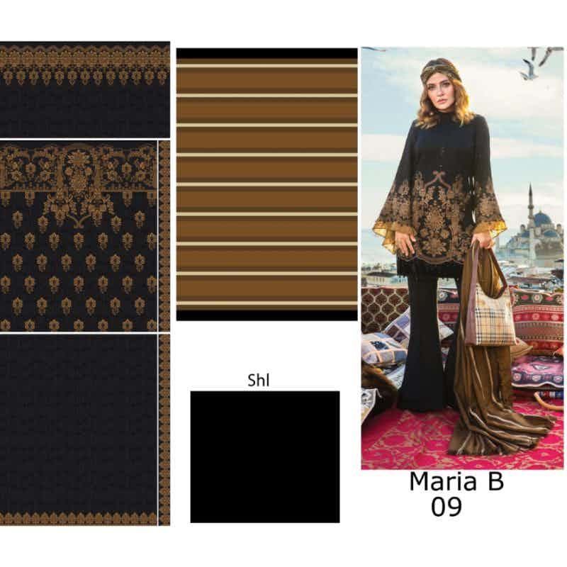 Unstitched Lawn Suit Maria B (replica)  Black and Brown