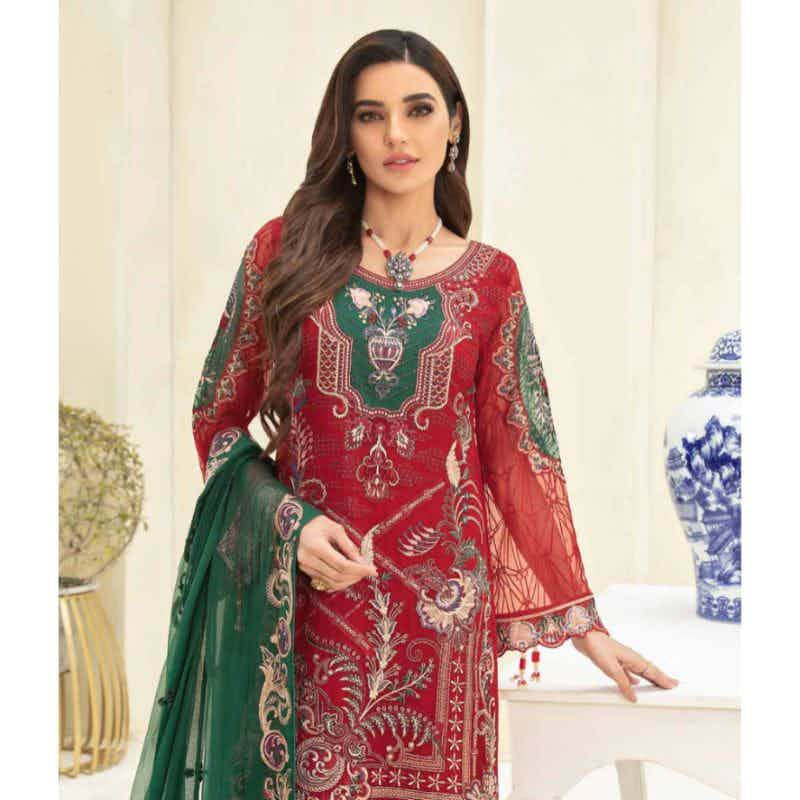 Red 3 Piece Suit with Chiffon Dupatta
