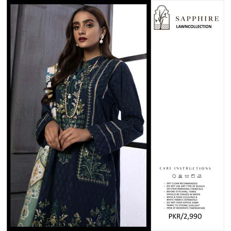 Unstitched Lawn Suit Sapphire (replica) in Blue and Black
