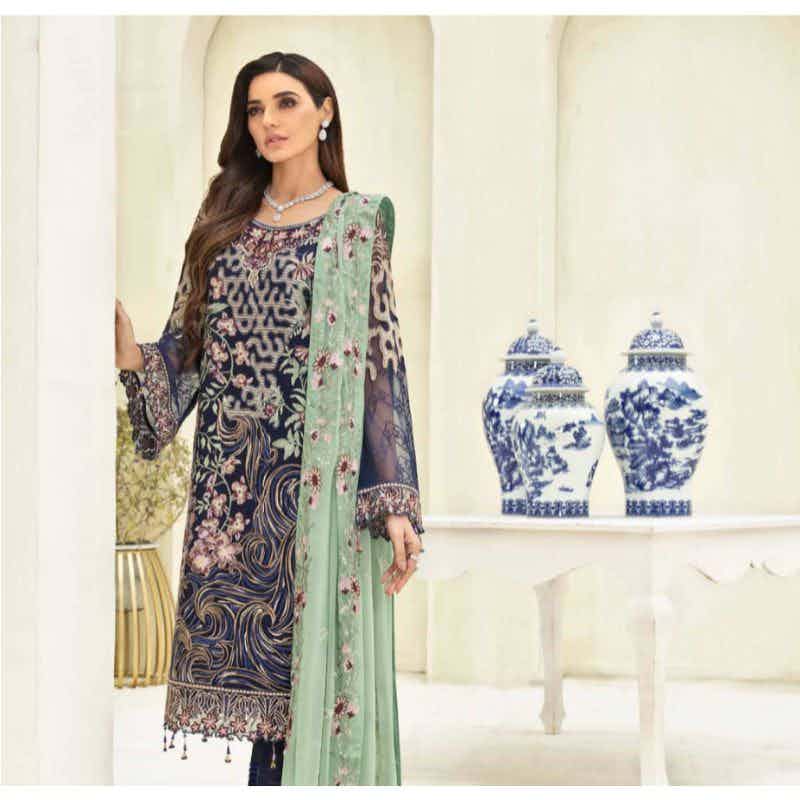 Blue Heavy Embroidered 3 Piece Suit