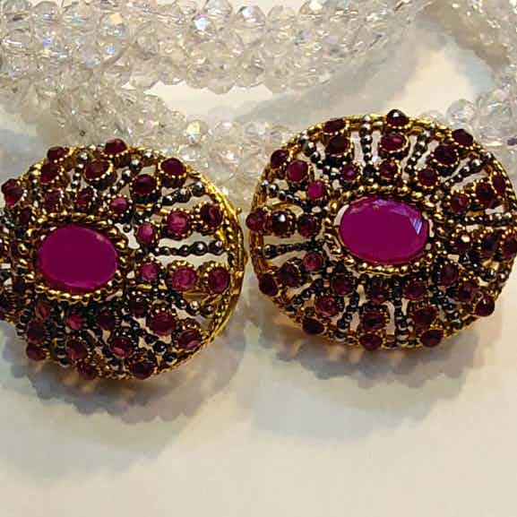 Oval Shape Red Ruby Ear Tops with Oxidized Touch